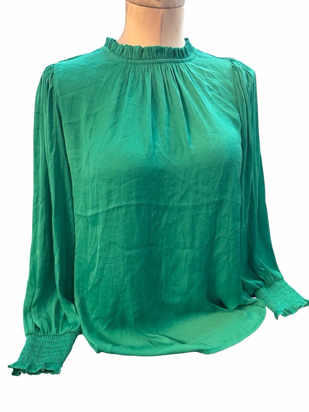 Maison d’Amelie Emerald Green Ruffle High Neck Long Sleeve Blouse Silky Size S